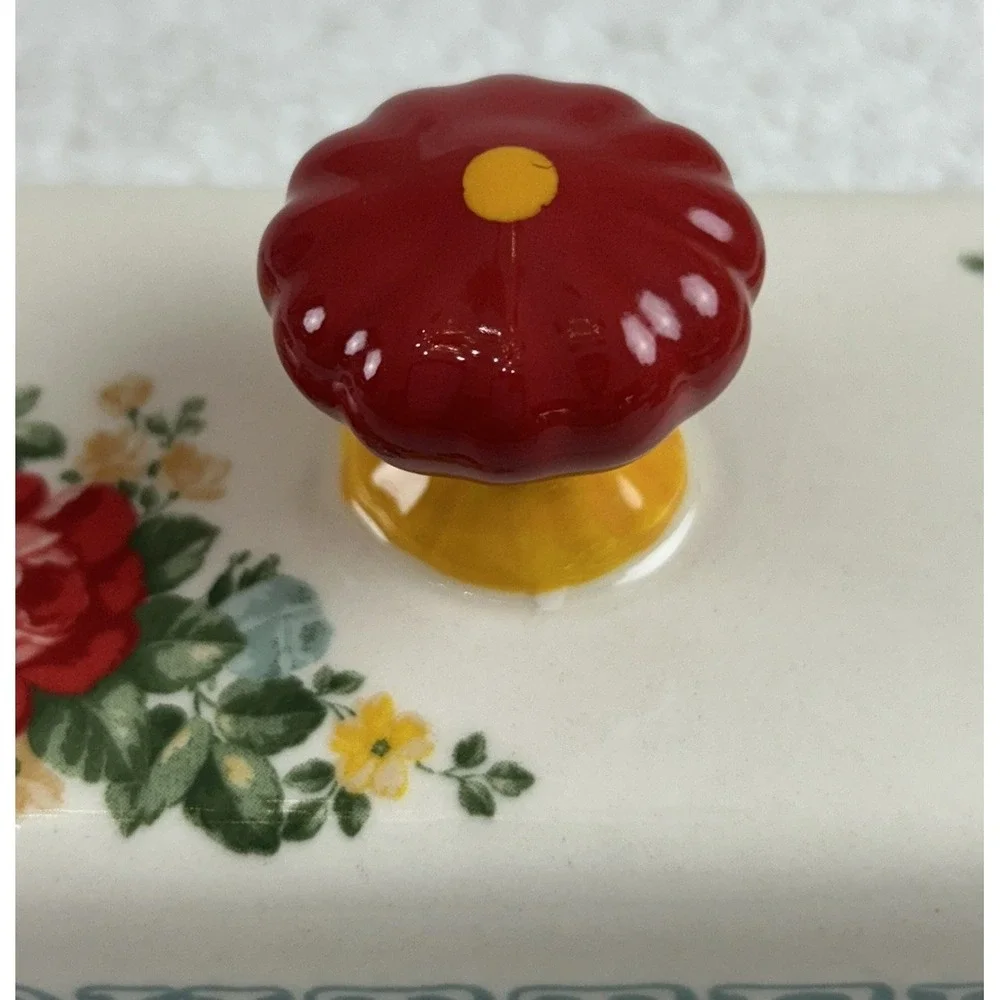 Pioneer Woman Single Stick Butter Dish Vintage Floral Stoneware Teal Red Ivory
